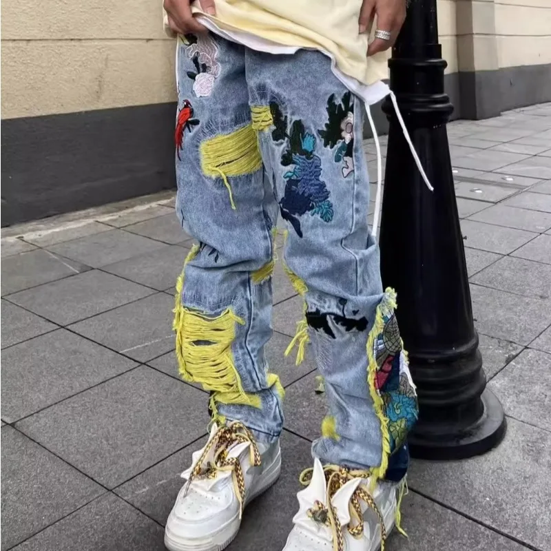 Jeans délabrés brodés hip-hop  - Street Fashion Jeans Men avis et prix