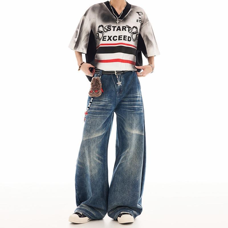 Jean bleu vintage à jambes lar - Street Fashion Jeans Men avis et prix